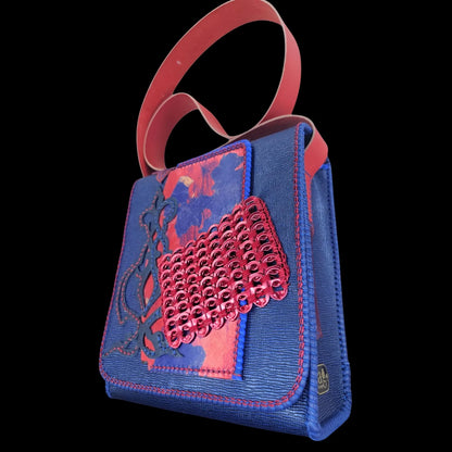Handmade blue leather shoulder bag with deep blue and red-purple leather with hand-woven metal rings - AG Design, Arad, Romania