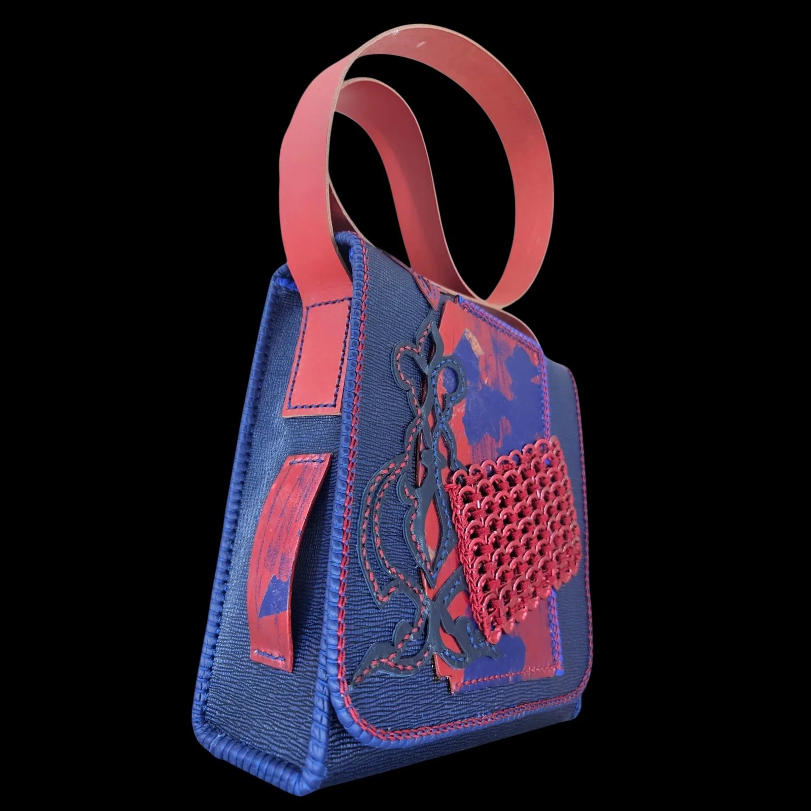 Handmade blue leather shoulder bag with deep blue and red-purple leather with hand-woven metal rings - AG Design, Arad, Romania