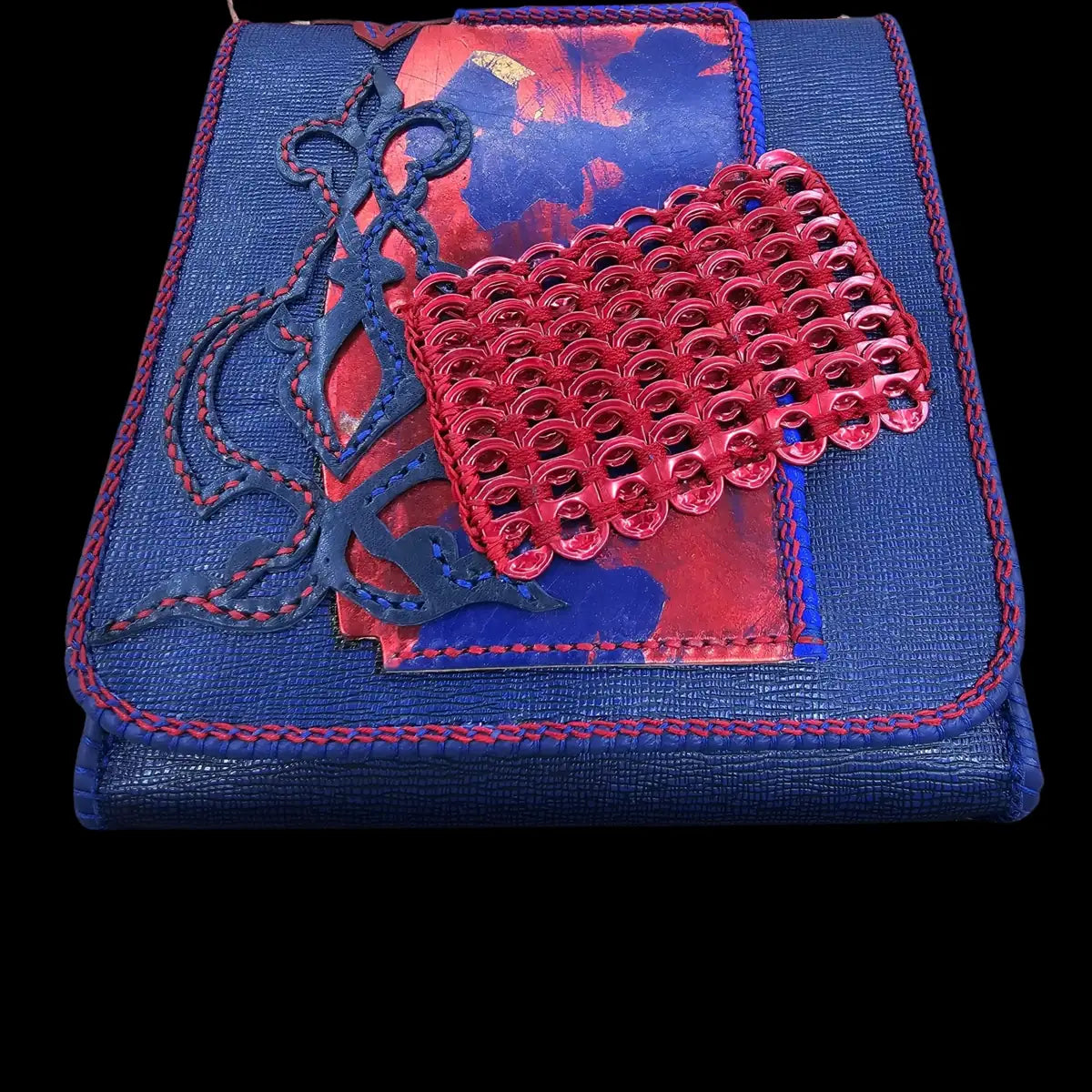 Handmade blue leather shoulder bag with deep blue and red-purple leather with hand-woven metal rings - AG Design, Arad, Romania