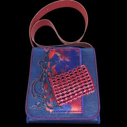 Handmade blue leather shoulder bag with deep blue and red-purple leather with hand-woven metal rings - AG Design, Arad, Romania