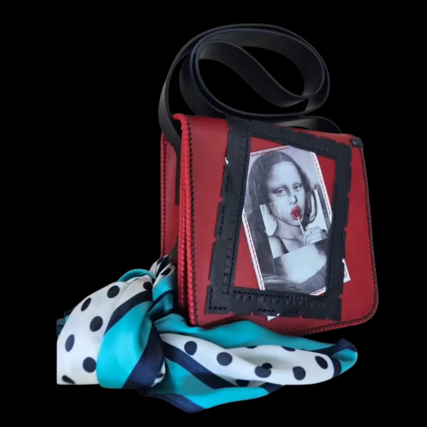 Handmade red leather shoulder bag with a Mona Lisa photo transfer on an intense red background - AG Design, Arad, Romania