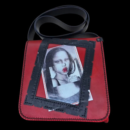 Handmade red leather shoulder bag with a Mona Lisa photo transfer on an intense red background - AG Design, Arad, Romania