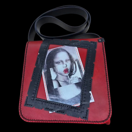 Handmade red leather shoulder bag with a Mona Lisa photo transfer on an intense red background - AG Design, Arad, Romania