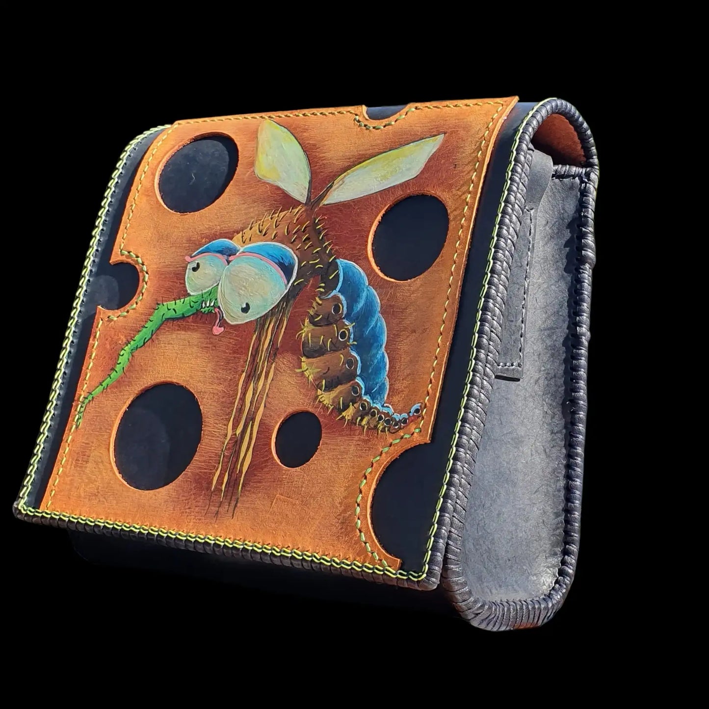 Handmade tan leather bag with a painted mosquito - AG Design, Arad, Romania
