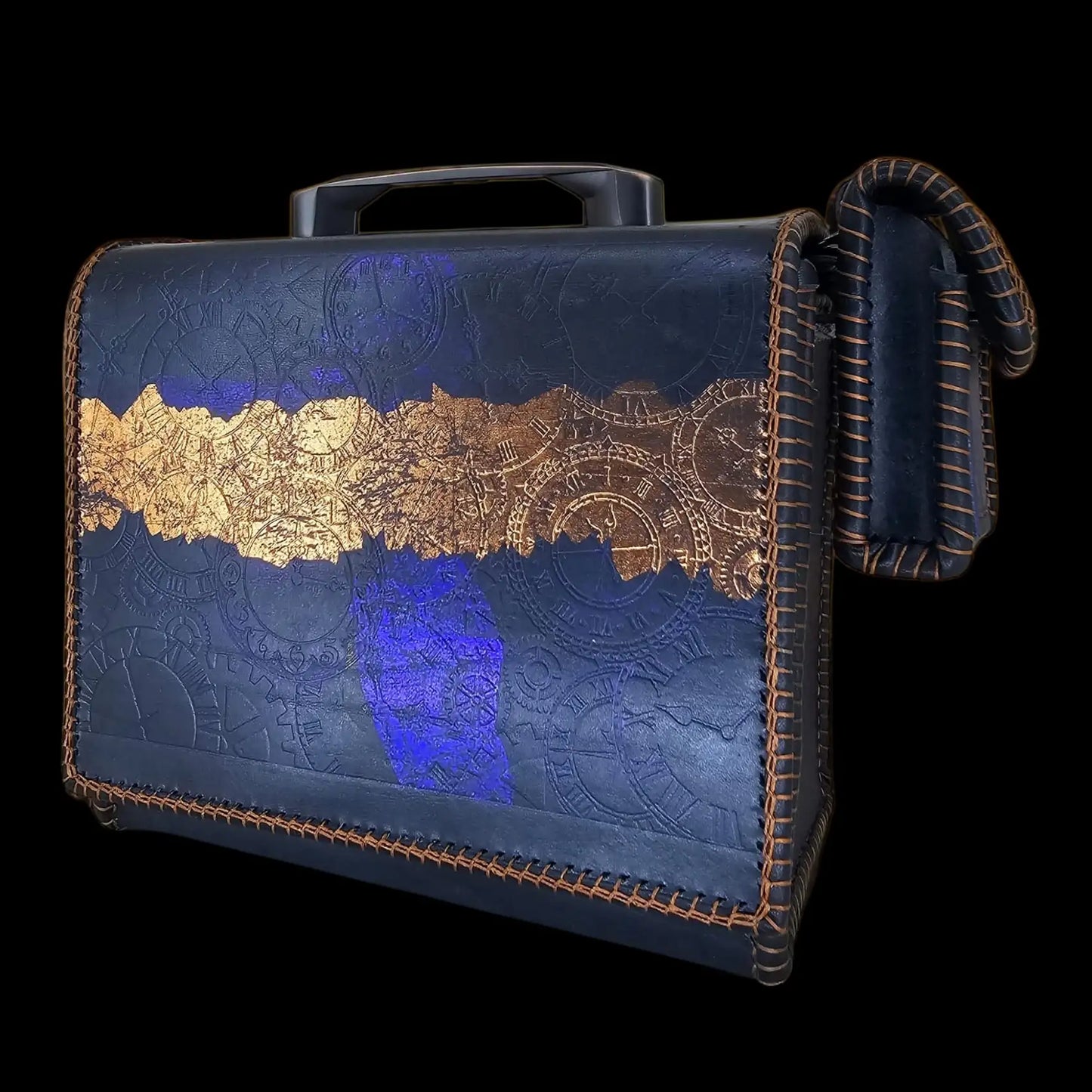 Handmade dark blue leather bag with gold embossed decoration - AG Design, Arad, Romania