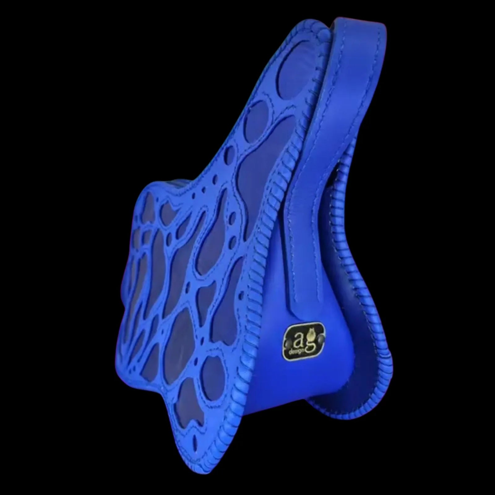 Handmade blue leather shoulder bag with electric-blue leather hand-cut into a flowing openwork lattice - AG Design, Arad, Romania