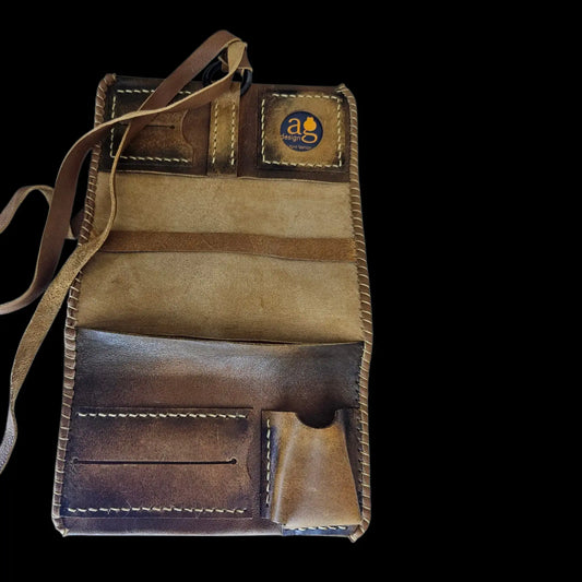 Handmade tan leather organizer with card slots and a strap - AG Design, Arad, Romania