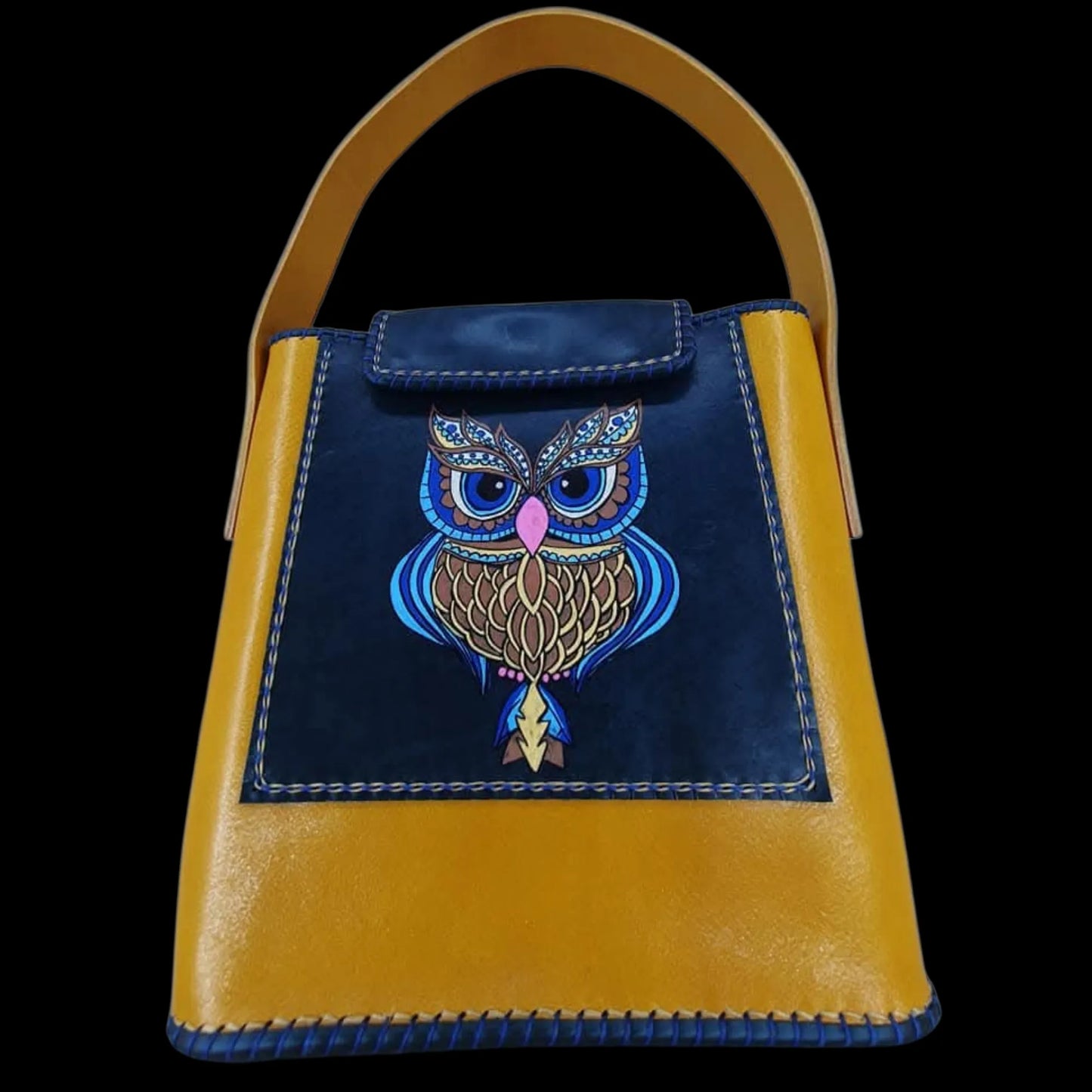 Handmade mustard and blue leather bag with a painted owl - AG Design, Arad, Romania