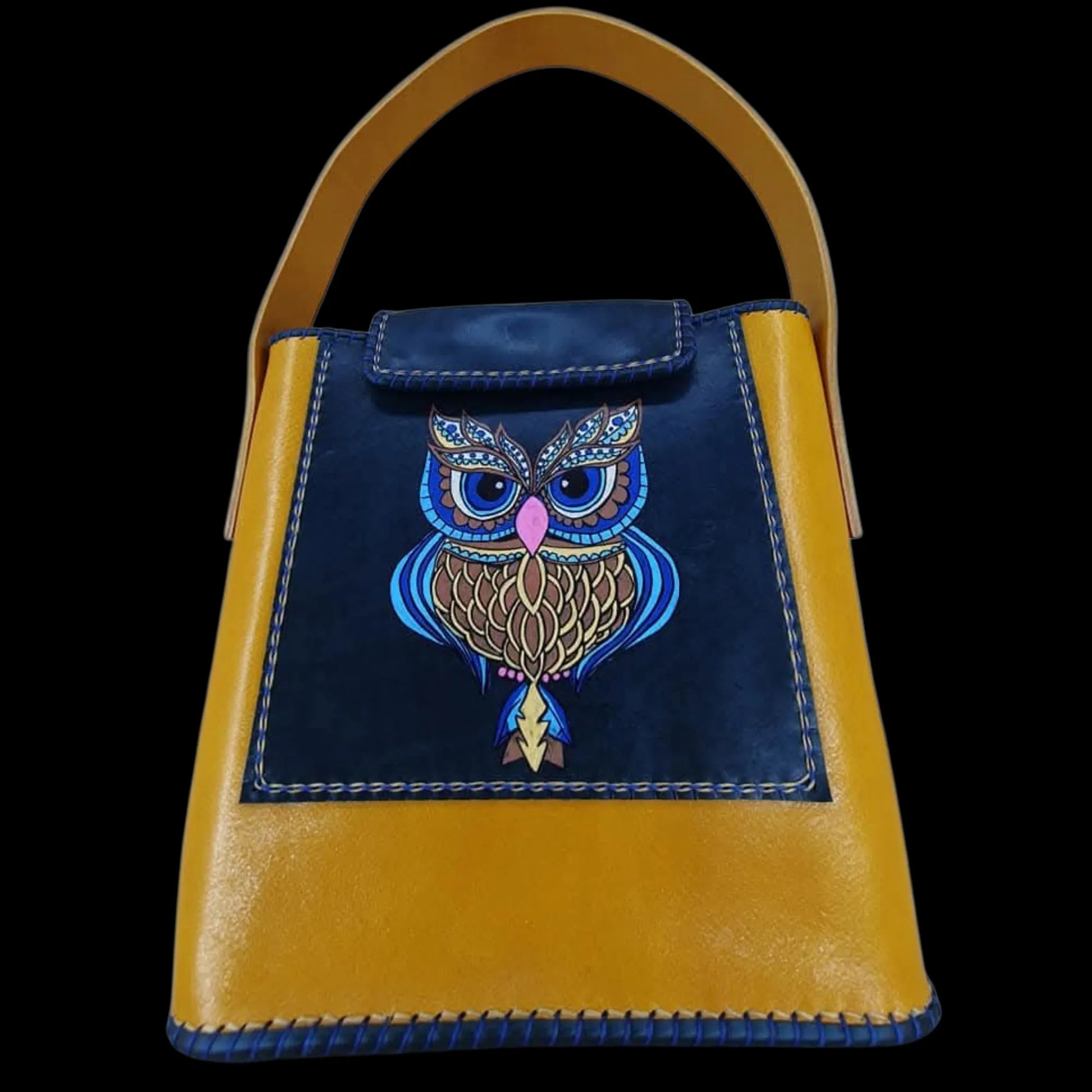 Handmade mustard and blue leather bag with a painted owl - AG Design, Arad, Romania