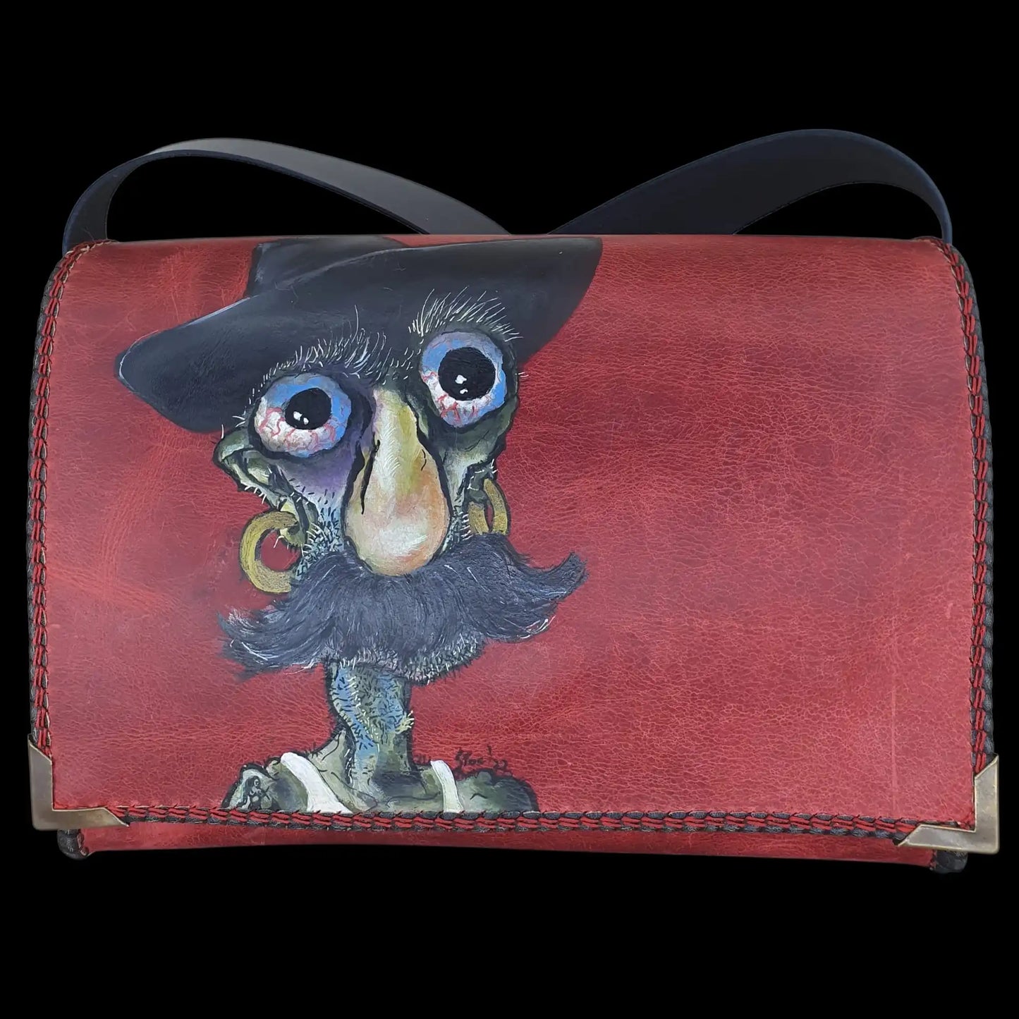 Handmade dark leather bag with a painted owl - AG Design, Arad, Romania