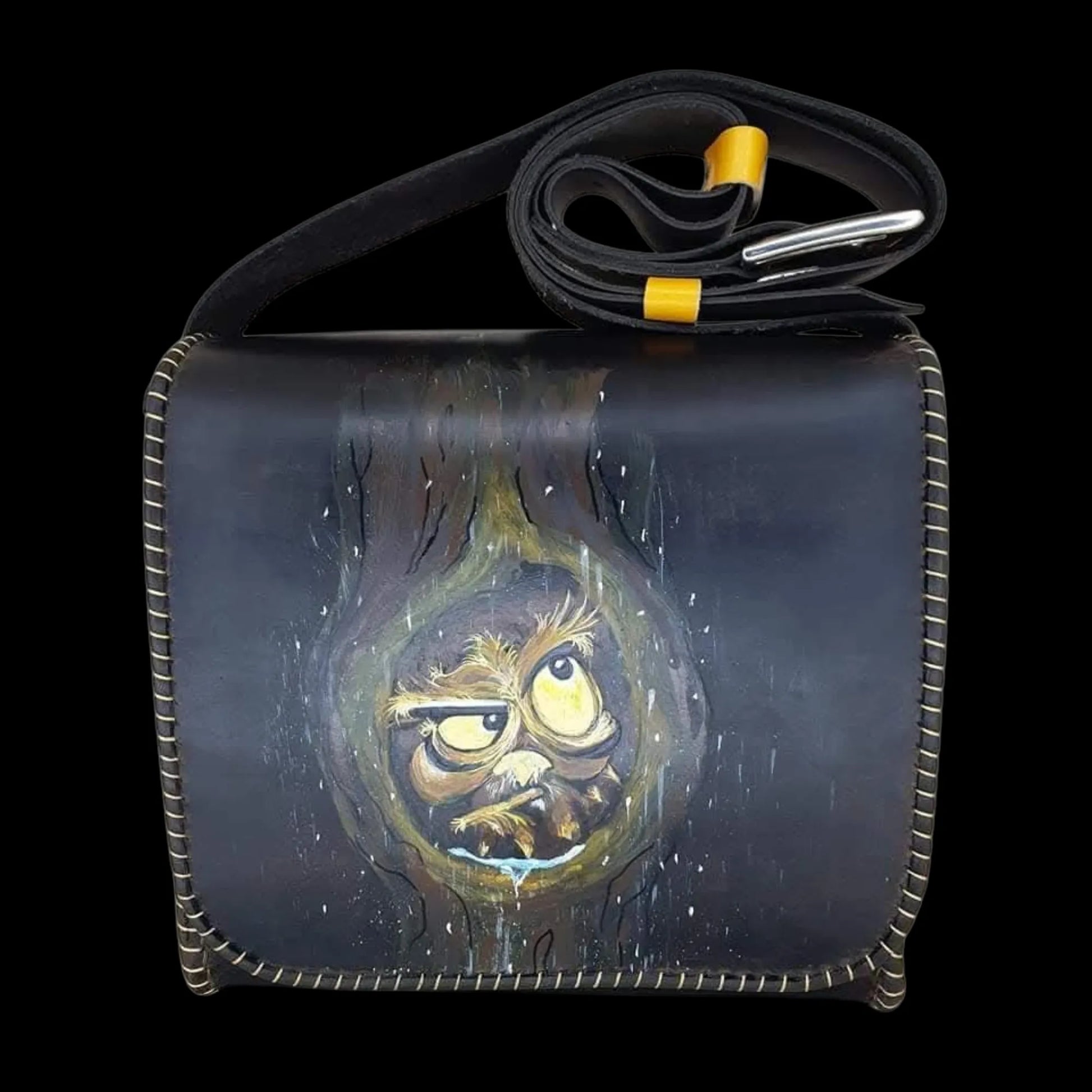 Handmade dark leather bag with a painted owl - AG Design, Arad, Romania