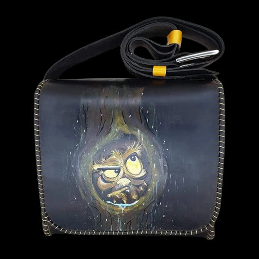 Handmade dark leather bag with a painted owl - AG Design, Arad, Romania