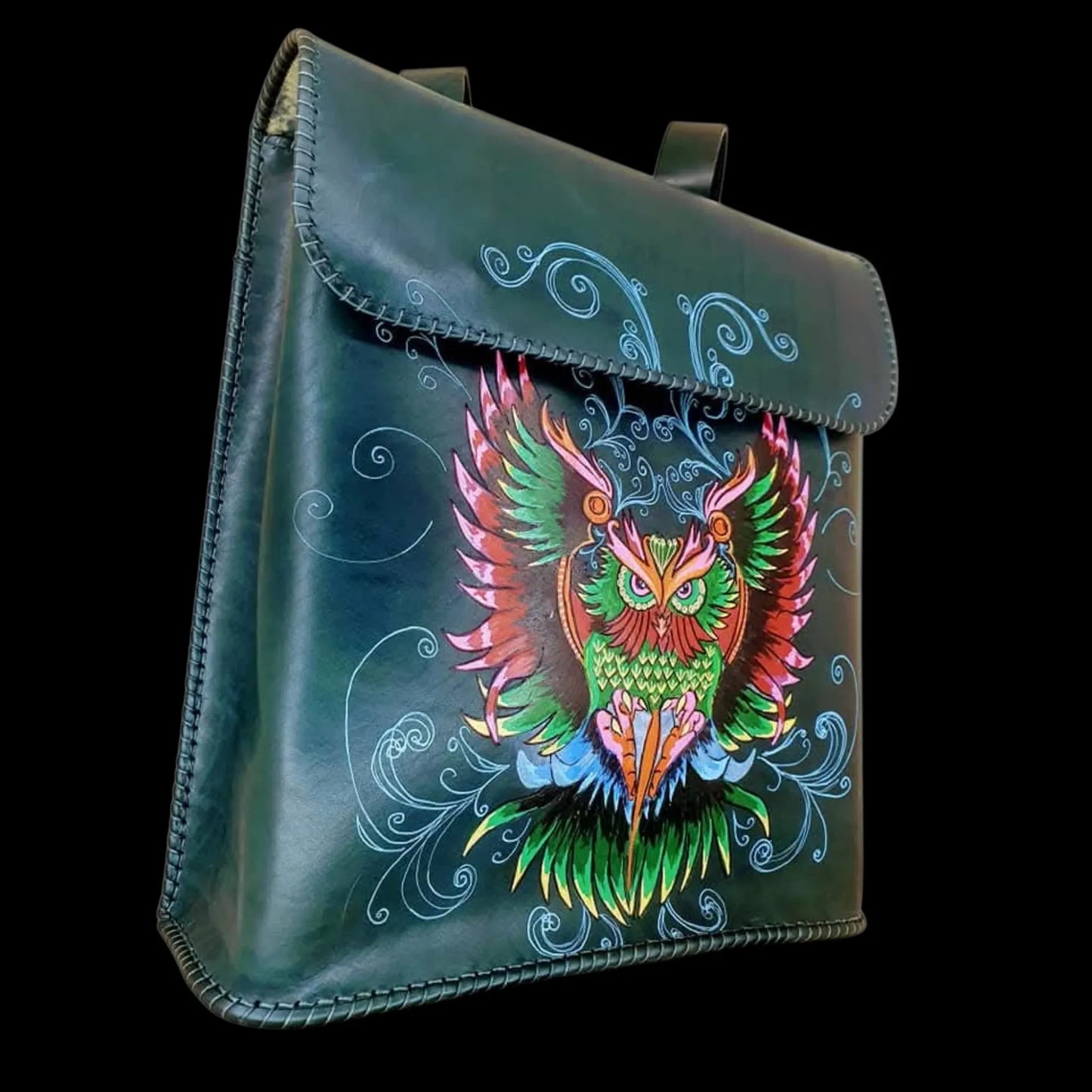 Handmade dark leather bag with a colourful painted owl - AG Design, Arad, Romania