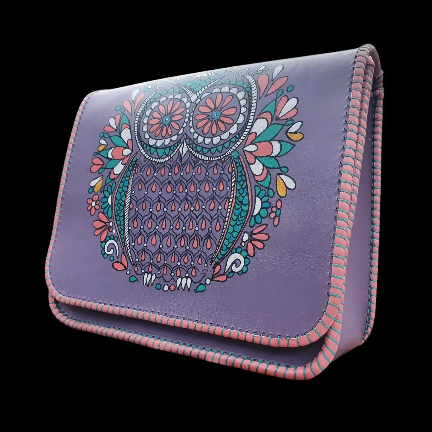 Handmade lilac leather bag with a painted owl - AG Design, Arad, Romania