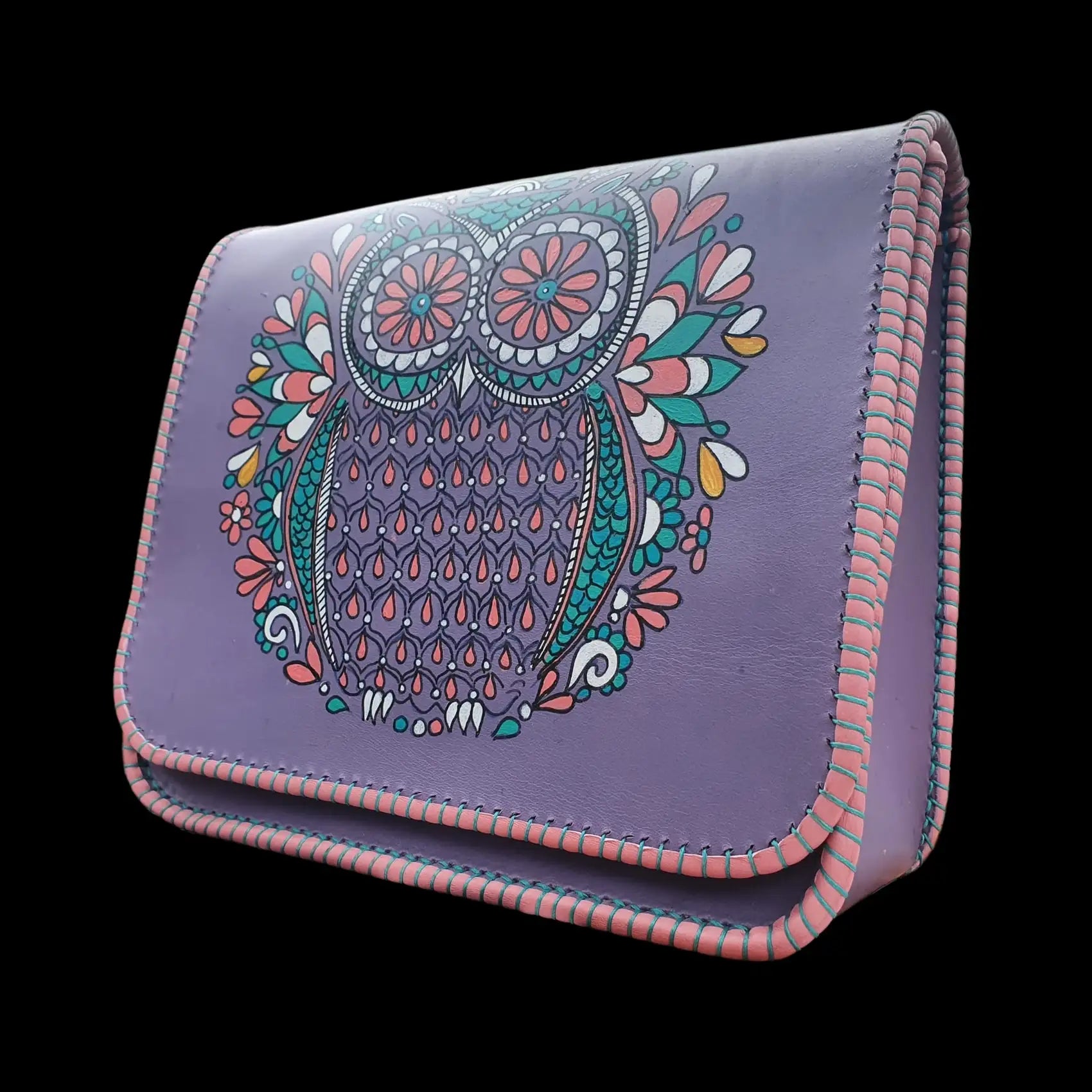 Handmade lilac leather bag with a painted owl - AG Design, Arad, Romania