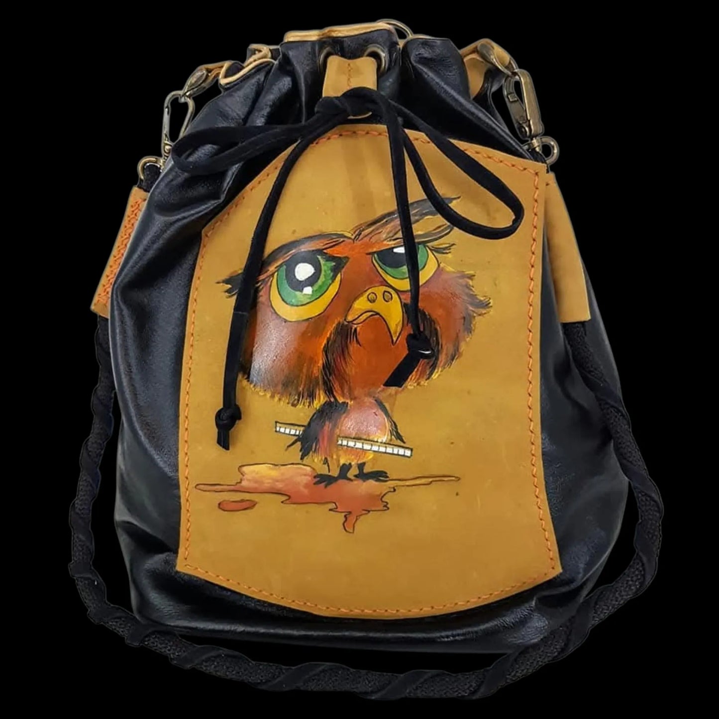 Handmade mustard leather drawstring bucket bag with a painted owl - AG Design, Arad, Romania