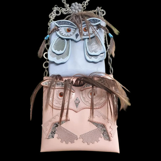 Handmade tan leather drawstring bucket bag with a sculpted owl face - AG Design, Arad, Romania
