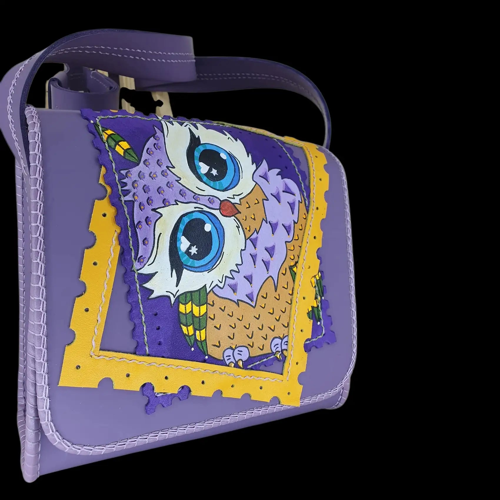 Handmade purple leather bag with a painted owl and yellow trim - AG Design, Arad, Romania