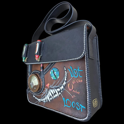 Handmade multicolour leather shoulder bag with a hand-painted dragon, an eye and quoted lettering - AG Design, Arad, Romania