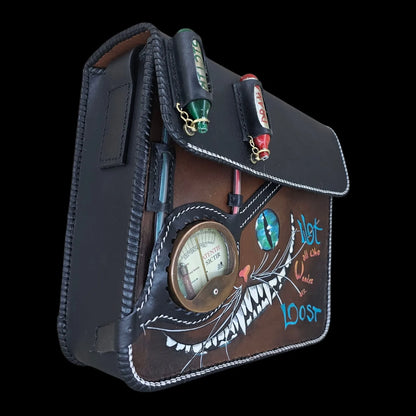 Handmade multicolour leather shoulder bag with a hand-painted dragon, an eye and quoted lettering - AG Design, Arad, Romania