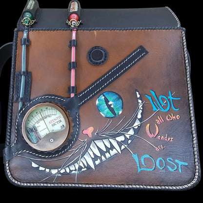 Handmade multicolour leather shoulder bag with a hand-painted dragon, an eye and quoted lettering - AG Design, Arad, Romania