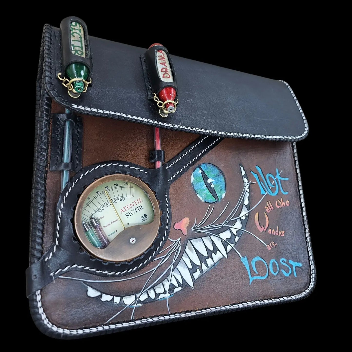 Handmade multicolour leather shoulder bag with a hand-painted dragon, an eye and quoted lettering - AG Design, Arad, Romania