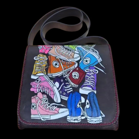Handmade brown leather handbag with a hand-painted composition of colourful high-top sneakers - AG Design, Arad, Romania
