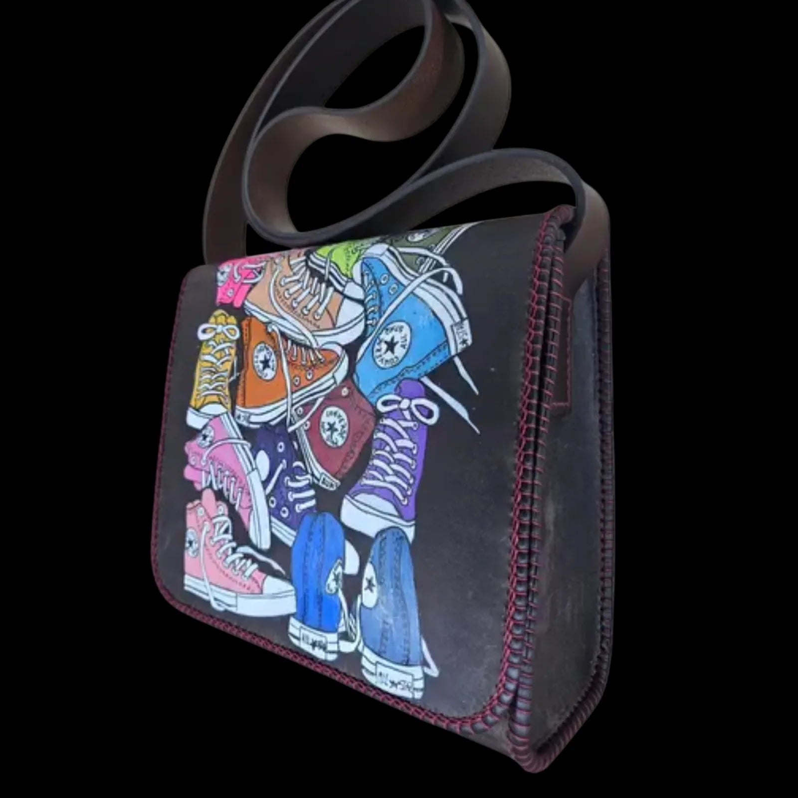 Handmade brown leather handbag with a hand-painted composition of colourful high-top sneakers - AG Design, Arad, Romania