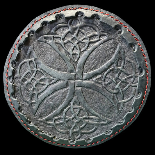 Handmade round embossed leather panel with a knotwork pattern - AG Design, Arad, Romania