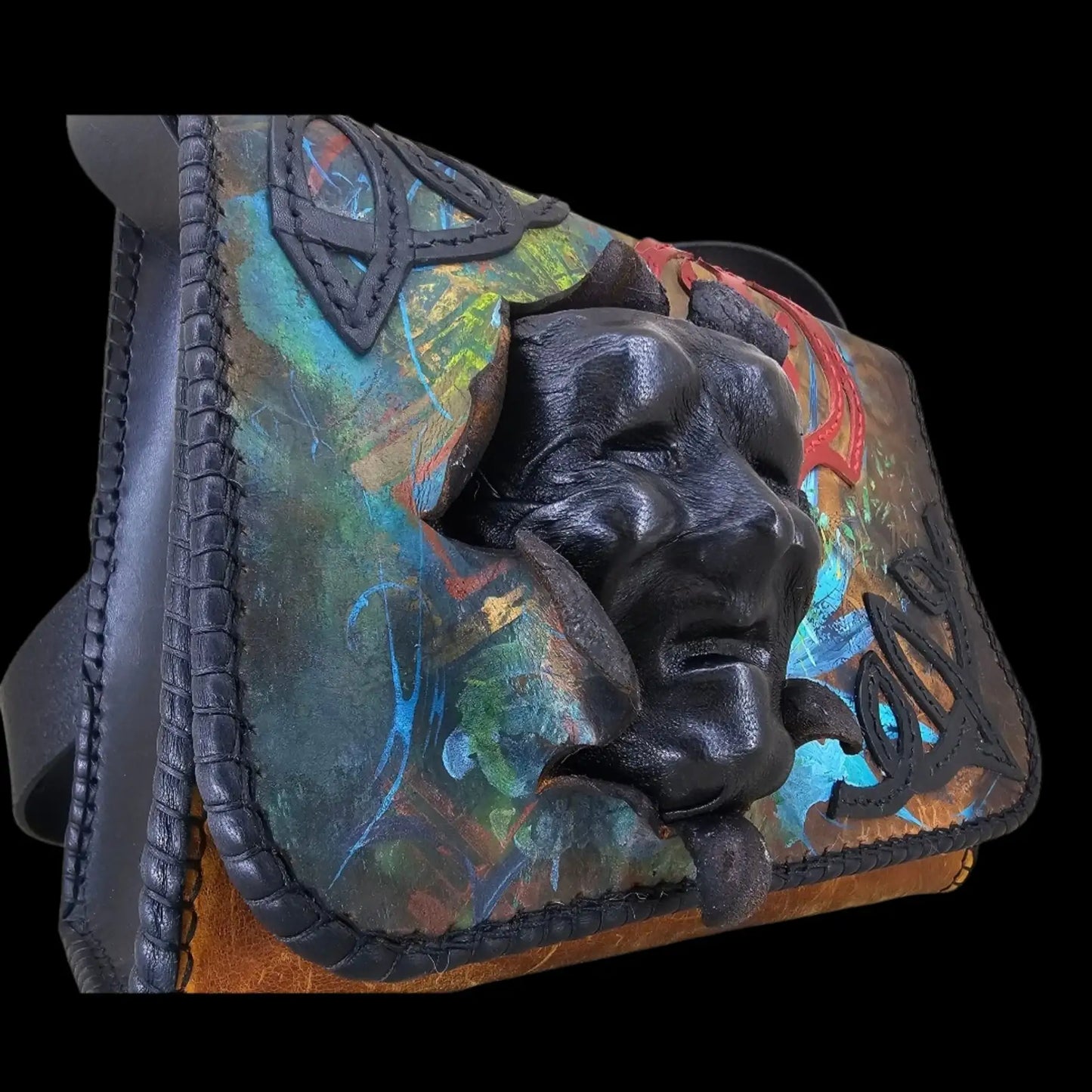 Handmade brown leather bag with a painted panther and moon - AG Design, Arad, Romania