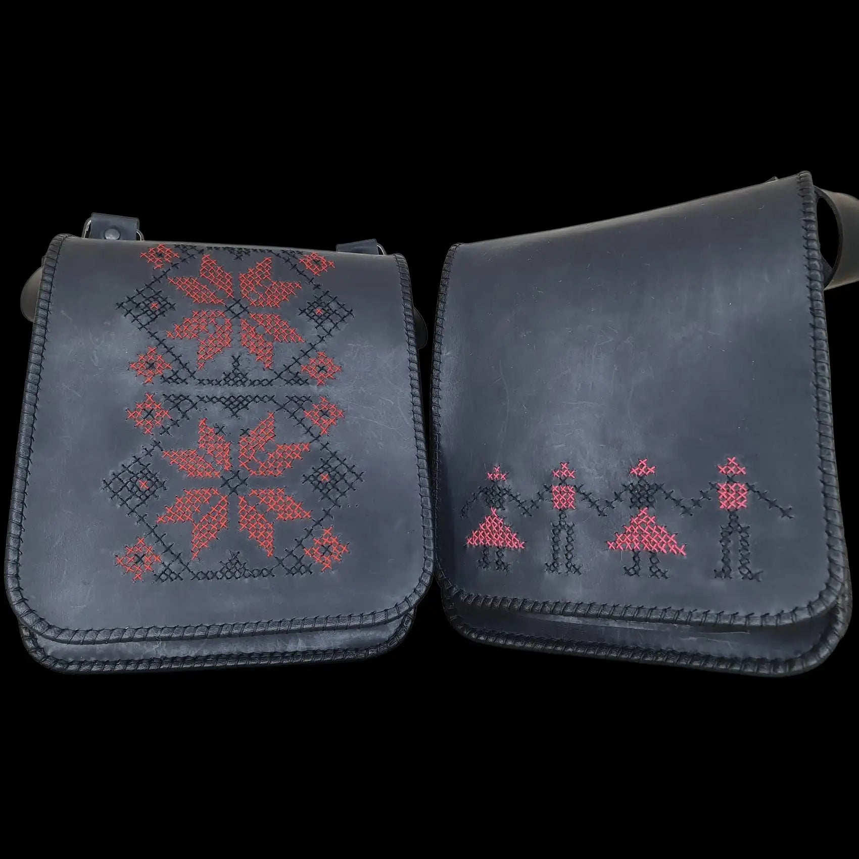 Handmade dark leather bag with a red painted pattern - AG Design, Arad, Romania