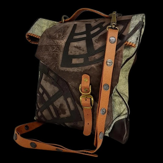 Handmade tan leather roll-top bag with a painted pattern - AG Design, Arad, Romania