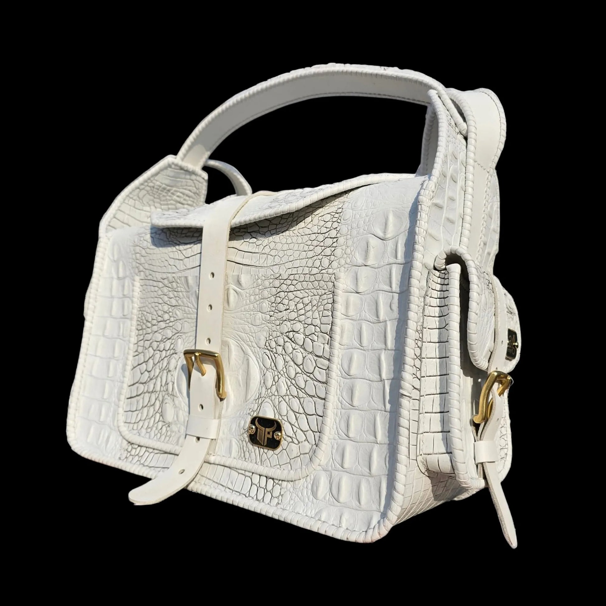 Handmade white crocodile-pattern leather handbag with a chain strap - AG Design, Arad, Romania