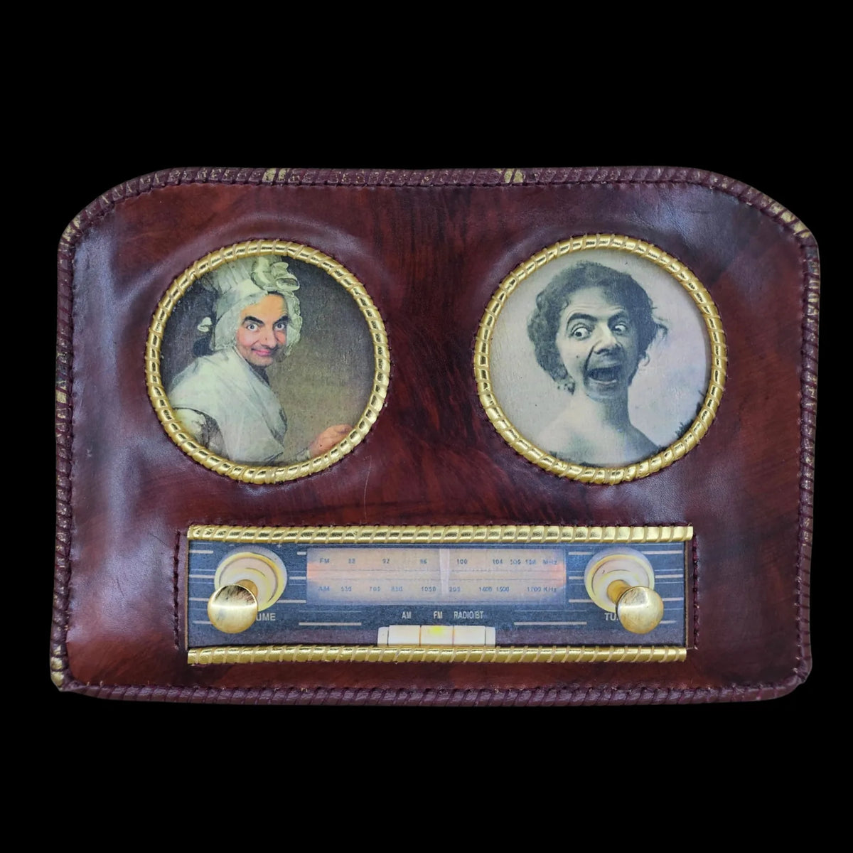 Handmade brown leather shoulder bag with brown-burgundy leather with gold piping and a photo transfer - AG Design, Arad, Romania