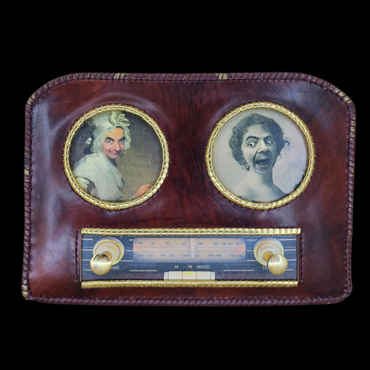 Handmade brown leather shoulder bag with brown-burgundy leather with gold piping and a photo transfer - AG Design, Arad, Romania