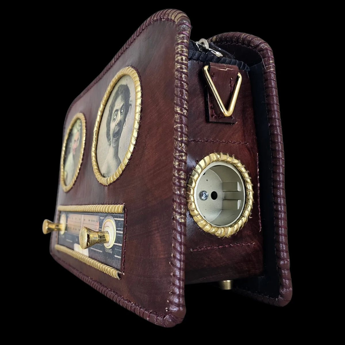 Handmade brown leather shoulder bag with brown-burgundy leather with gold piping and a photo transfer - AG Design, Arad, Romania