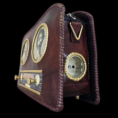 Handmade brown leather shoulder bag with brown-burgundy leather with gold piping and a photo transfer - AG Design, Arad, Romania