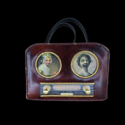 Handmade brown leather shoulder bag with brown-burgundy leather with gold piping and a photo transfer - AG Design, Arad, Romania