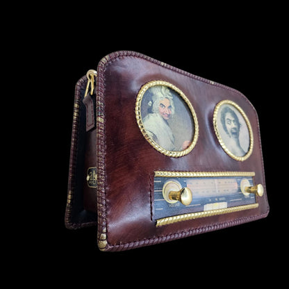 Handmade brown leather shoulder bag with brown-burgundy leather with gold piping and a photo transfer - AG Design, Arad, Romania