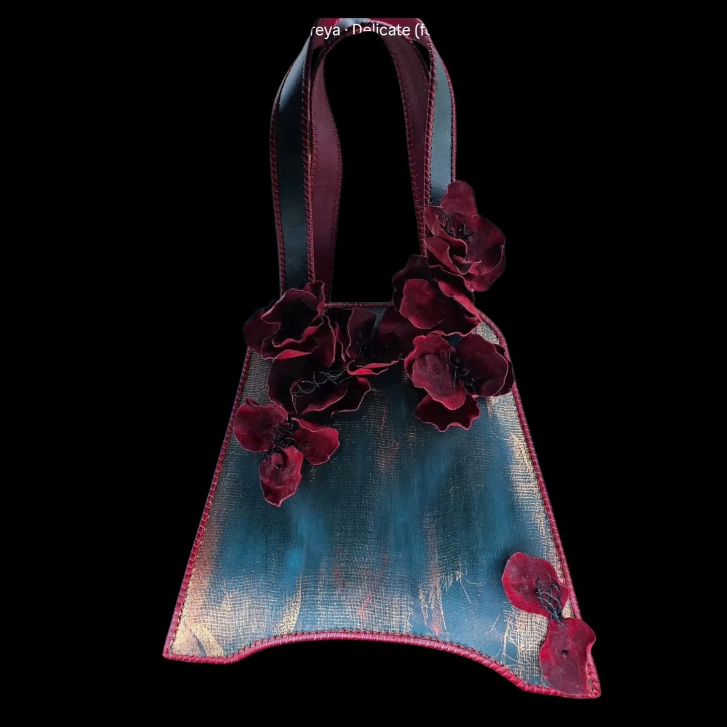 Handmade green leather shoulder bag with deep green textured leather with realistic 3D leather poppies - AG Design, Arad, Romania
