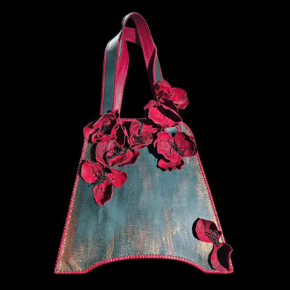 Handmade green leather shoulder bag with deep green textured leather with realistic 3D leather poppies - AG Design, Arad, Romania