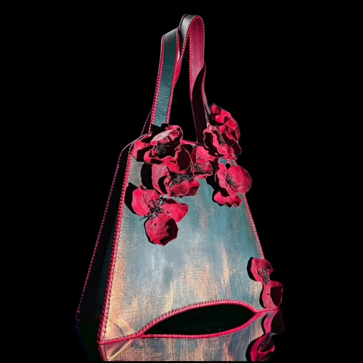 Handmade green leather shoulder bag with deep green textured leather with realistic 3D leather poppies - AG Design, Arad, Romania