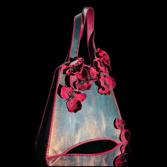 Handmade green leather shoulder bag with deep green textured leather with realistic 3D leather poppies - AG Design, Arad, Romania