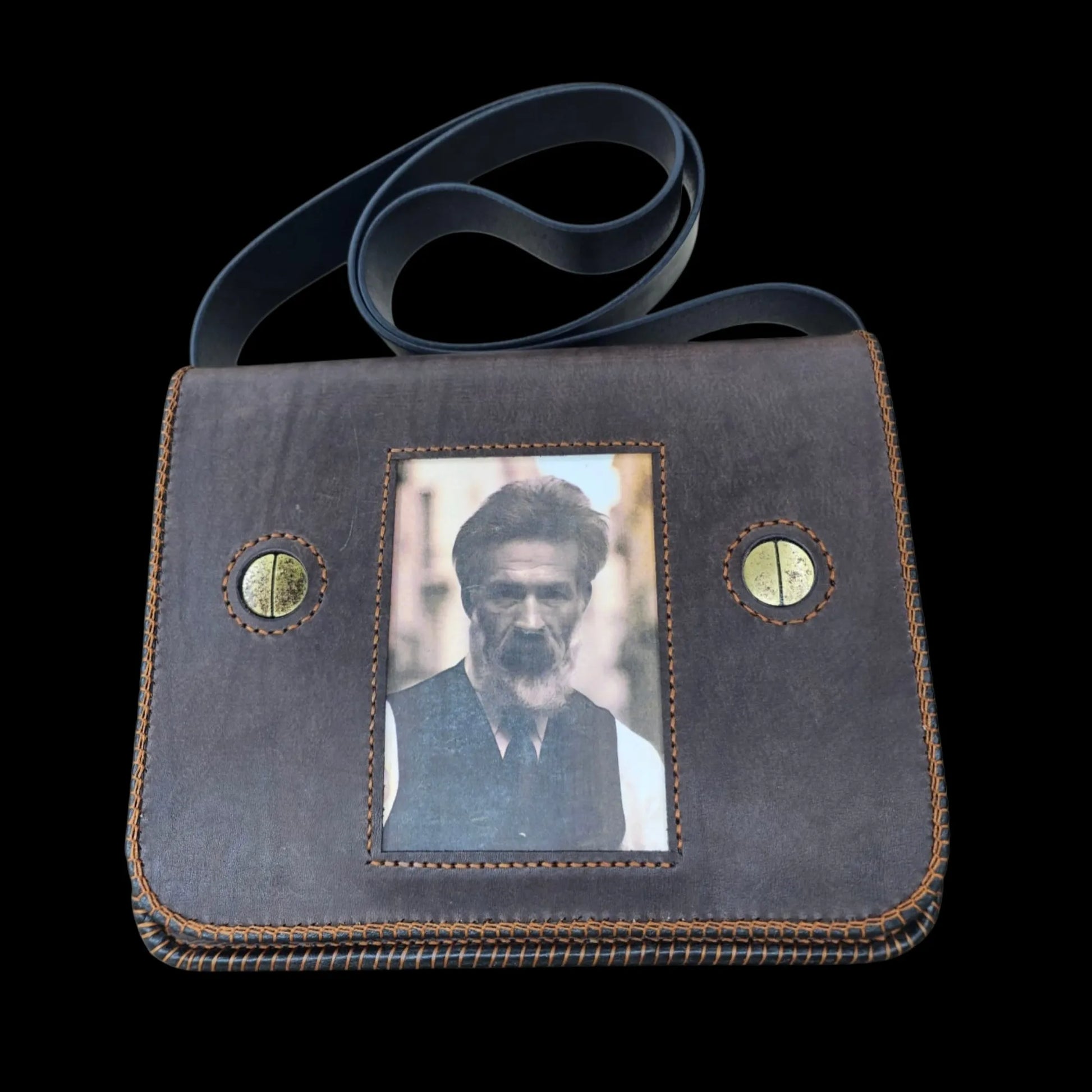 Handmade brown leather bag with a framed painted portrait - AG Design, Arad, Romania