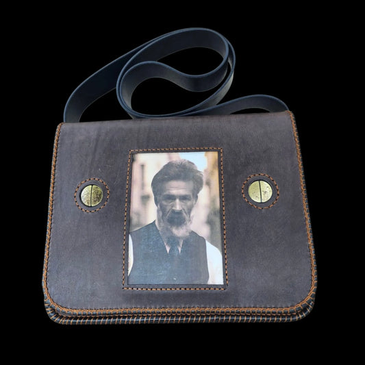 Handmade brown leather bag with a framed painted portrait - AG Design, Arad, Romania