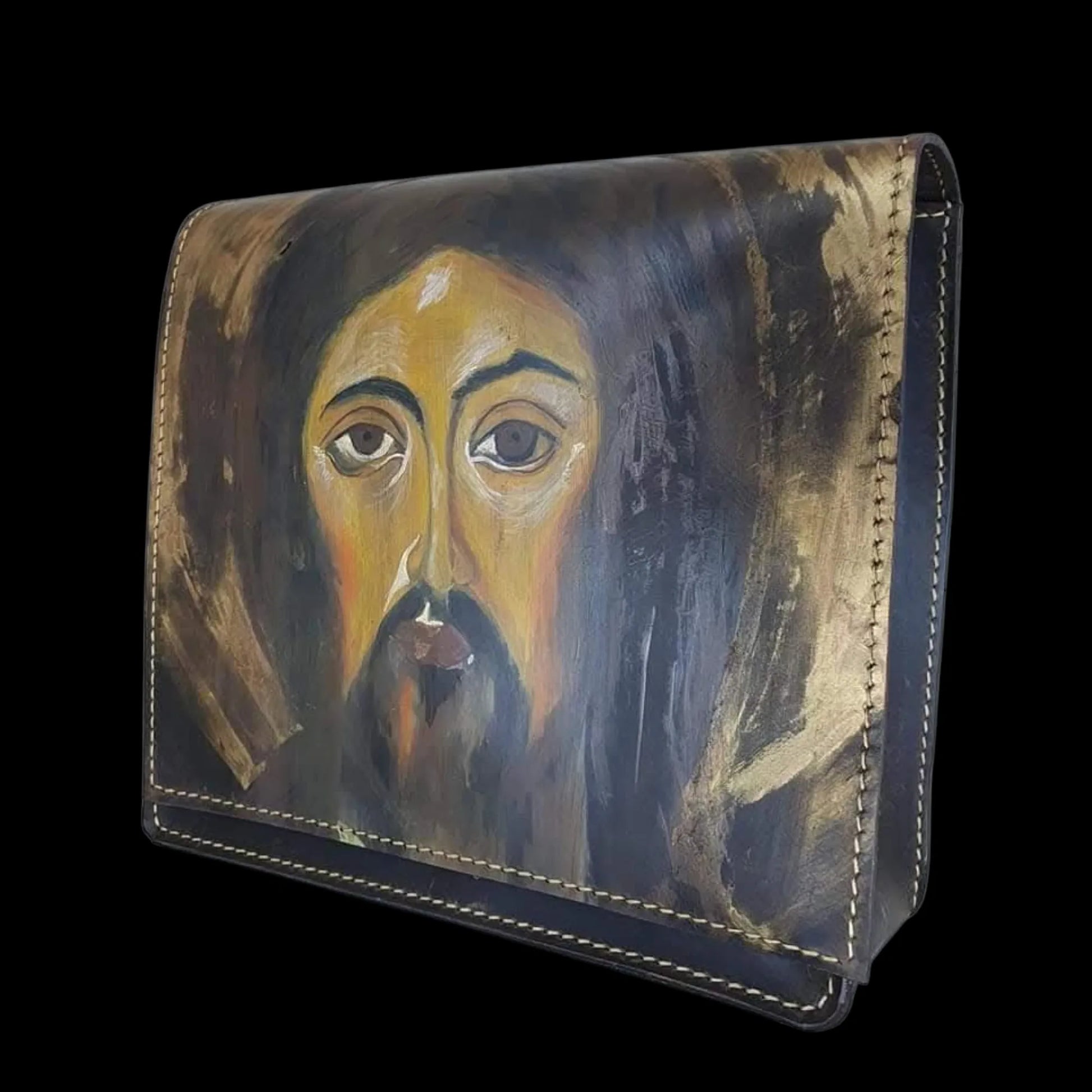 Handmade dark leather bag with a painted bearded portrait - AG Design, Arad, Romania