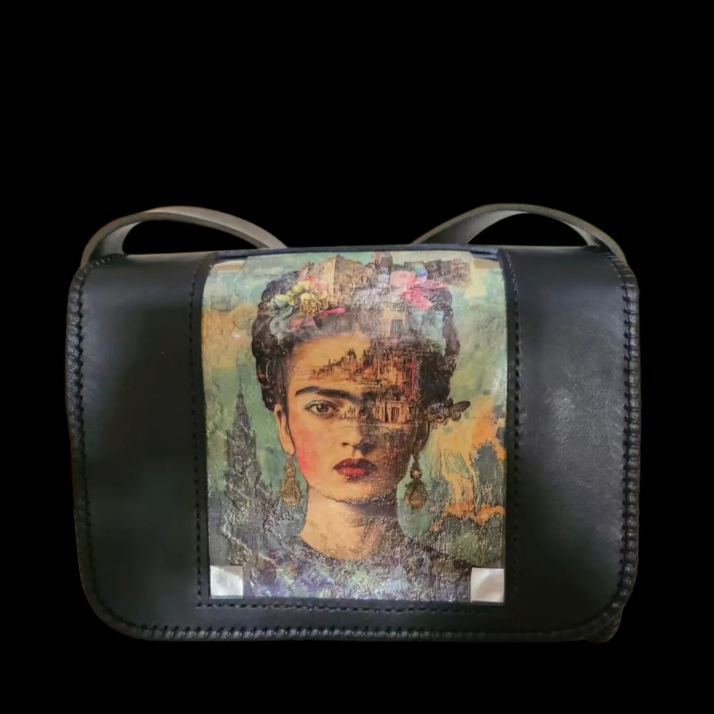 Handmade dark leather bag with a painted woman portrait - AG Design, Arad, Romania