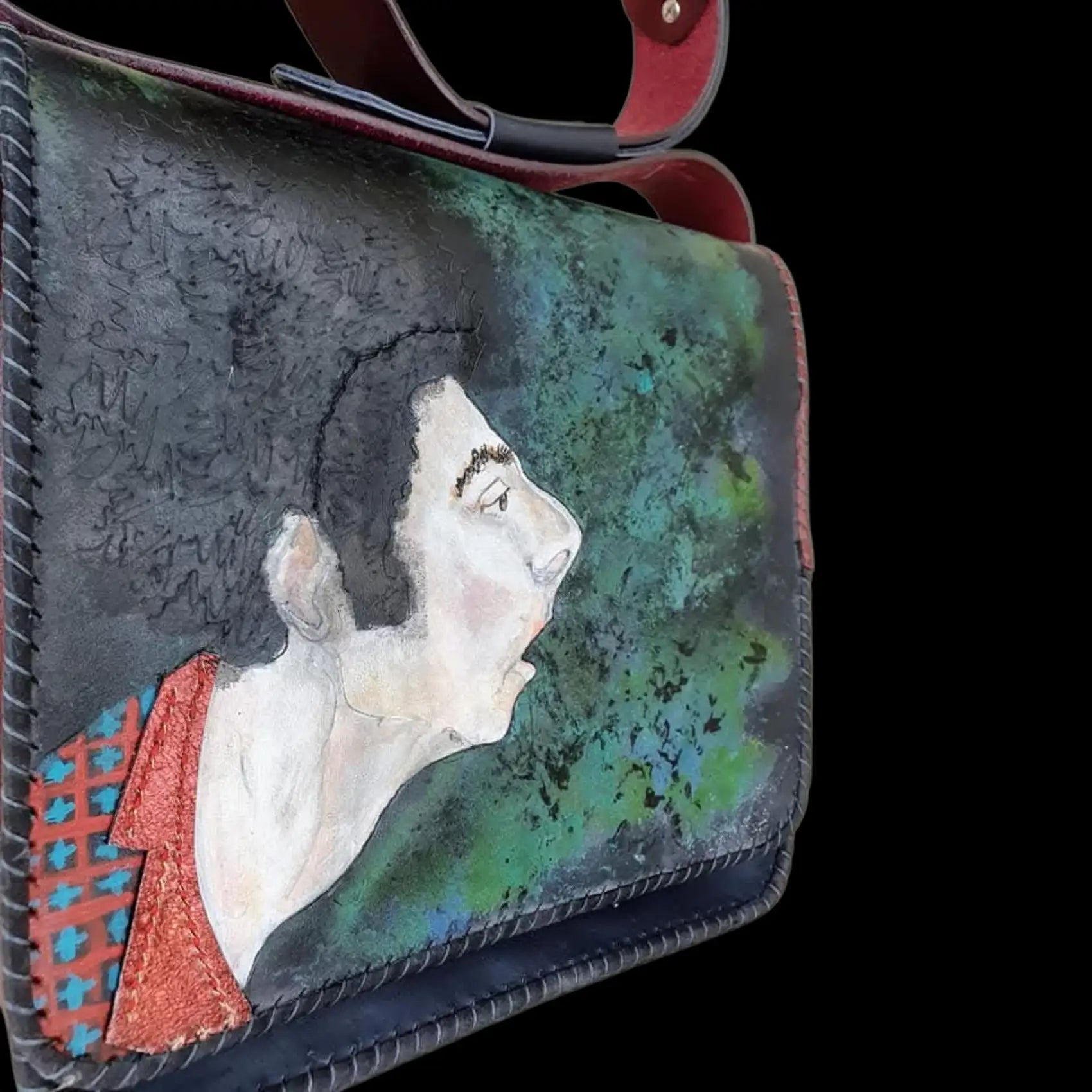 Handmade green leather bag with a painted woman portrait - AG Design, Arad, Romania