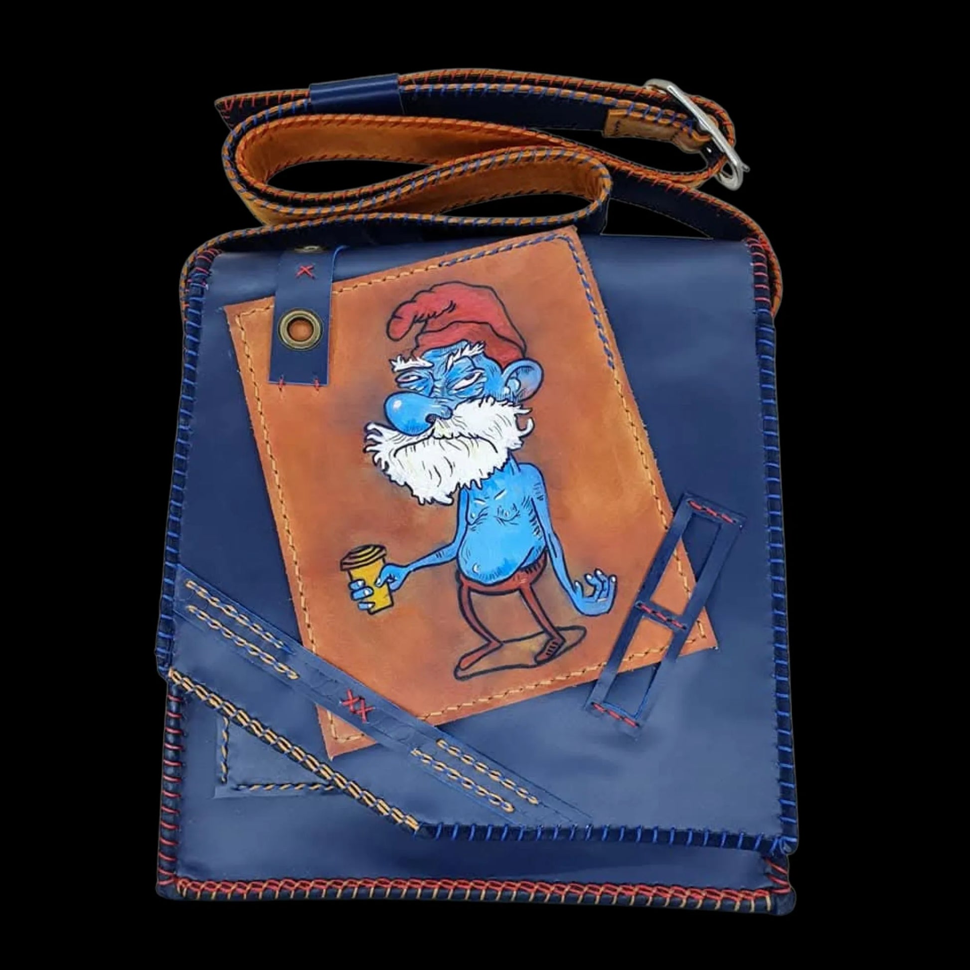 Handmade olive leather bag with a painted woman portrait - AG Design, Arad, Romania