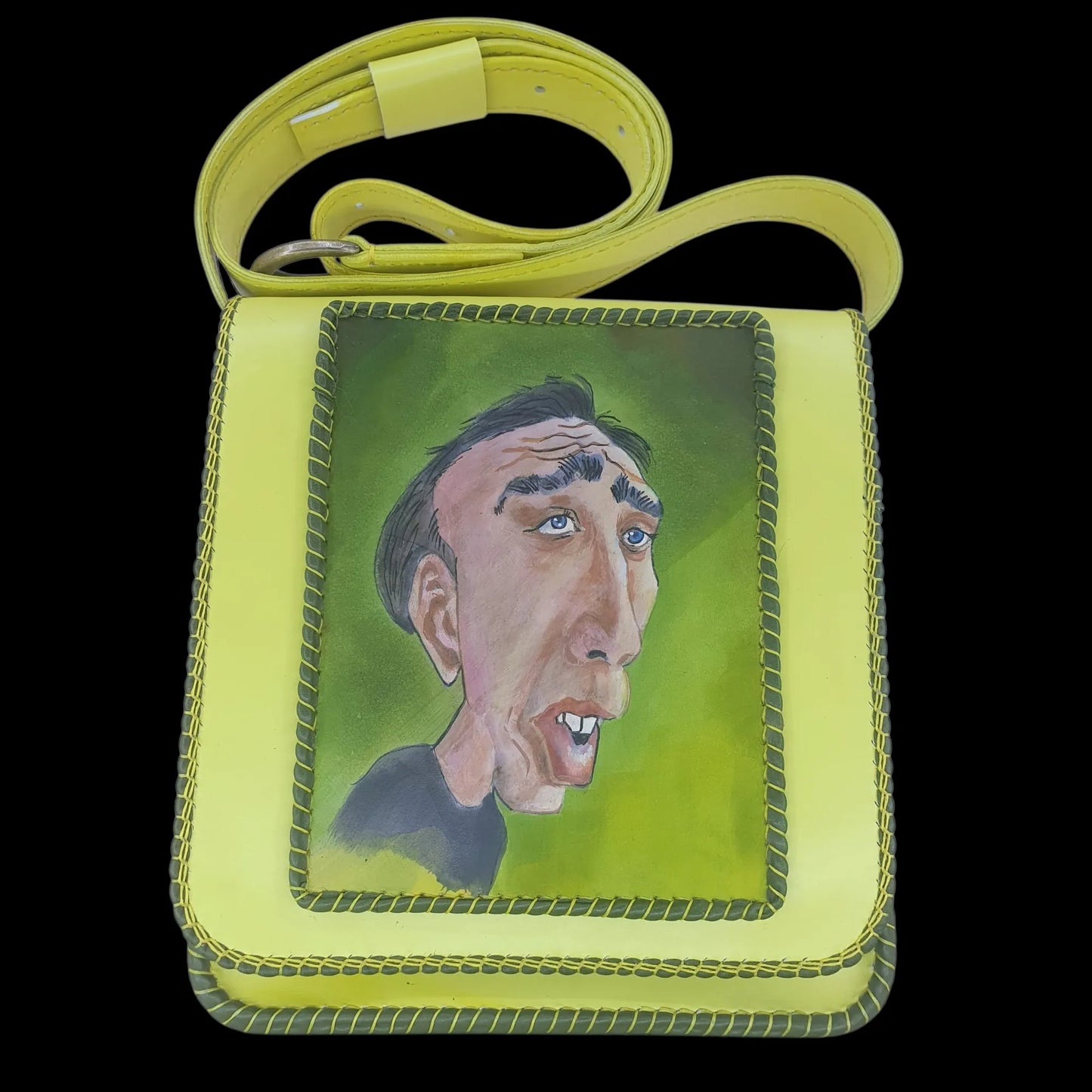 Handmade small green leather purse with a painted portrait - AG Design, Arad, Romania